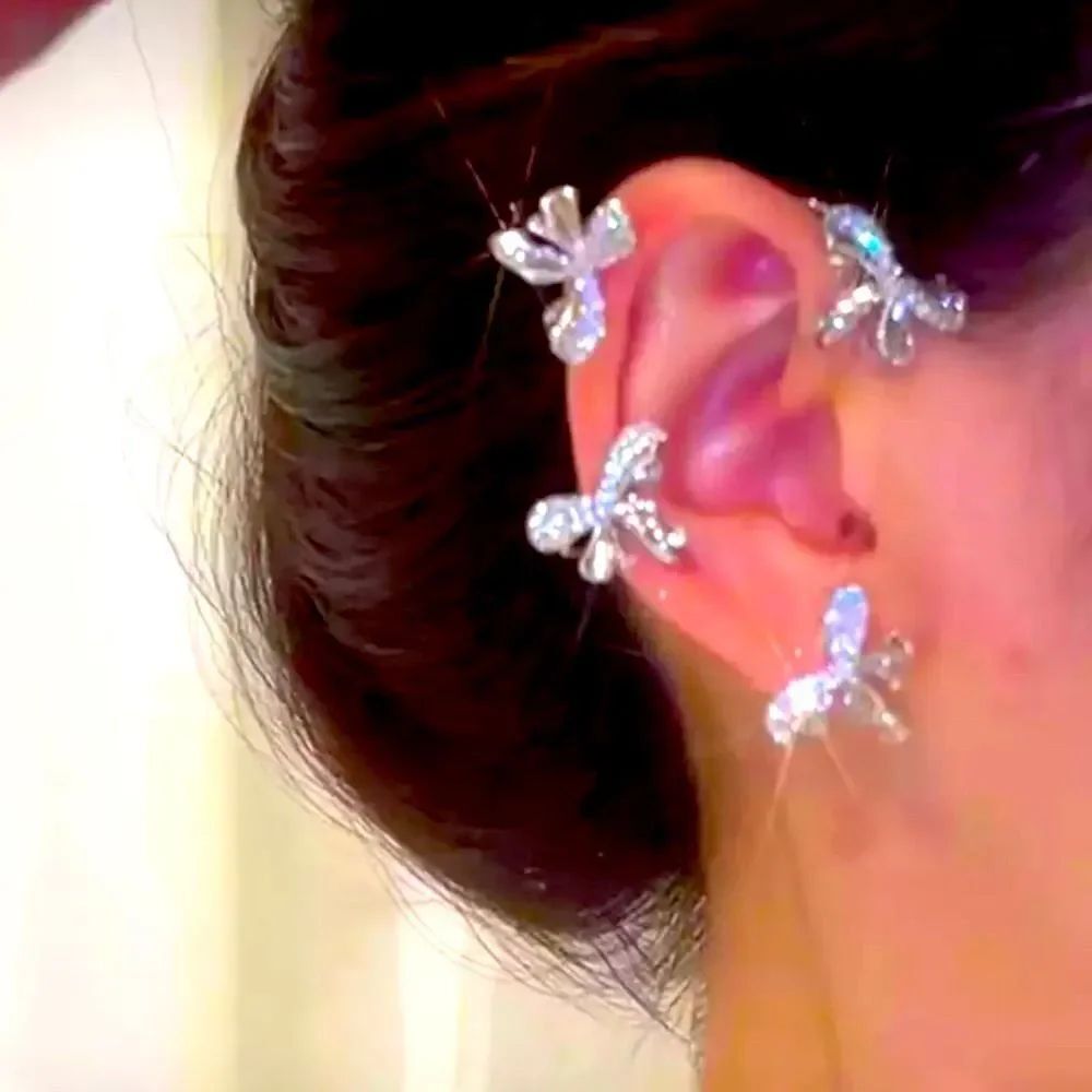 Sparkly Crystal Bows Ear Wrap Cuffs, Ear Crawlers Set Earrings NEW